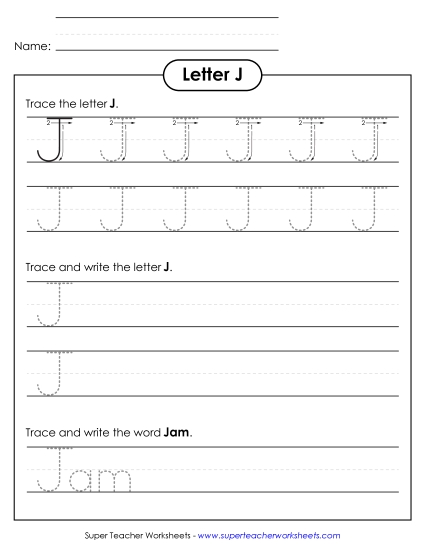 Trace and Print - Uppercase J (Dotted Lines) (Printable PDF Worksheet)