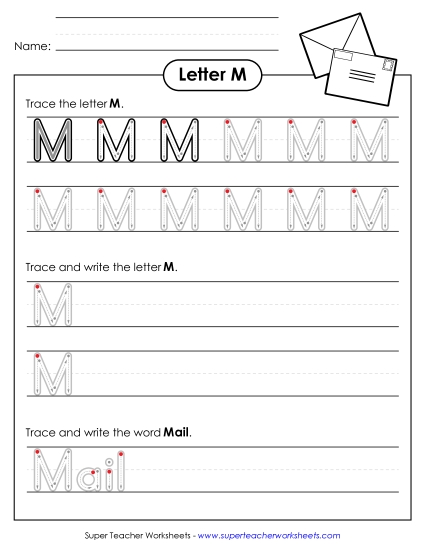 Trace and Print - Uppercase M (Outlined Letters) (Printable PDF Worksheet)