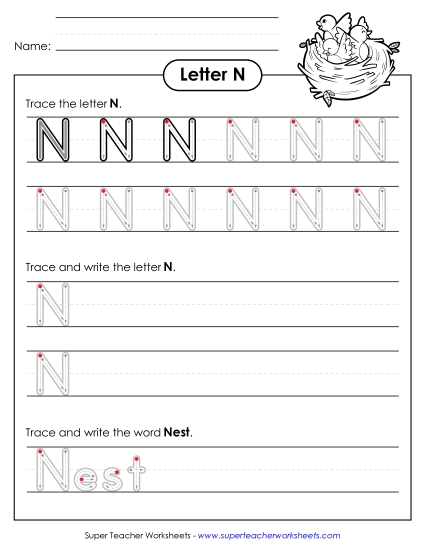 Trace and Print - Uppercase N (Outlined Letters) (Printable PDF Worksheet)