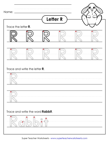 Trace and Print - Uppercase R (Outlined Letters) (Printable PDF Worksheet)
