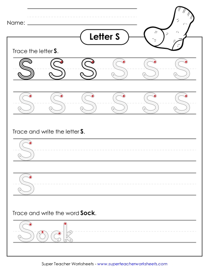 Trace and Print - Uppercase S (Outlined Letters) (Printable PDF Worksheet)