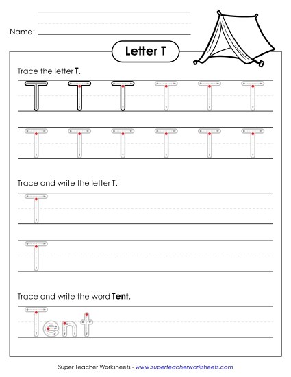 Trace and Print - Uppercase T (Outlined Letters) (Printable PDF Worksheet)