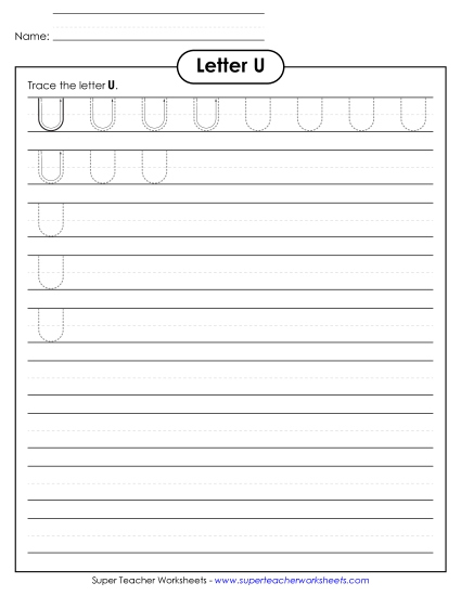 Trace and Print - Uppercase U (Smaller Font Size) (Printable PDF Worksheet)