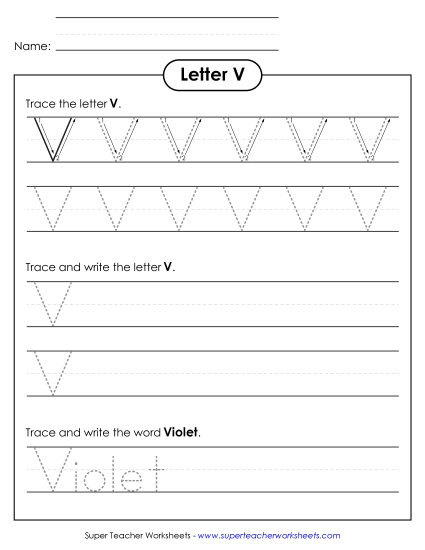 Trace and Print - Uppercase V (Dotted Lines) (Printable PDF Worksheet)
