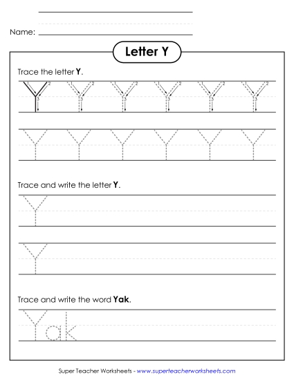 Trace and Print - Uppercase Y (Dotted Lines) (Printable PDF Worksheet)