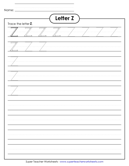 Trace and Print - Uppercase Z (Smaller Font Size) (Printable PDF Worksheet)