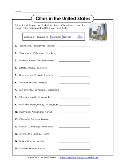 States & Capitals - U.S. Cities & Capitals (Printable PDF Worksheet)