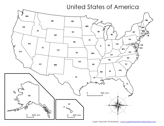 Maps of the USA - USA Abbreviations Map (Printable PDF Worksheet)