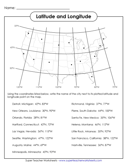 U.S.A. Maps - USA Latitude and Longitude 2 (Printable PDF Worksheet)