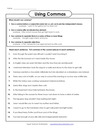 Commas - Using Commas (Printable PDF Worksheet)