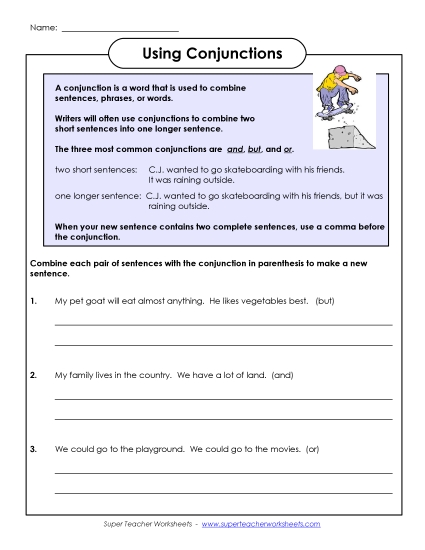 Intermediate (Grades 3 and Up) - Using Conjunctions (And, But, Or) (Printable PDF Worksheet)