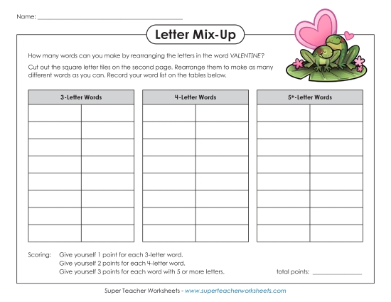 Valentine Crafts & Activities - Valentine Letter Mix (Intermediate) (Printable PDF Worksheet)