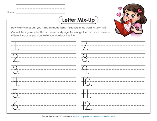 Valentine Crafts & Activities - Valentine Letter Mix (Primary) (Printable PDF Worksheet)