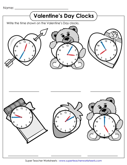 Other Math Worksheets - Valentine's Day Clocks - Nearest 5 Minutes (Printable PDF Worksheet)