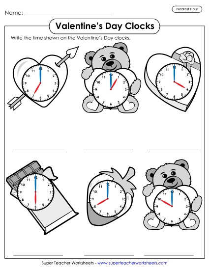 Other Math Worksheets - Valentine's Day Clocks - Nearest Hour (Printable PDF Worksheet)