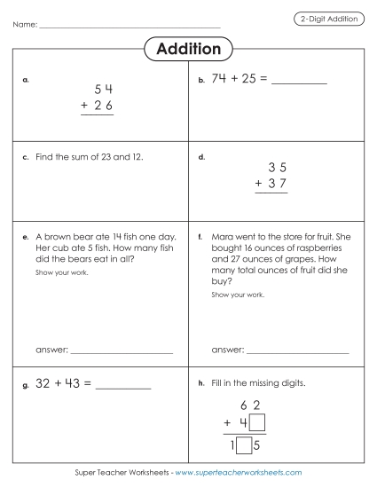 Worksheets (2-Digit Addends) - Variety Worksheet: 2-Digit Addition (Printable PDF Worksheet)