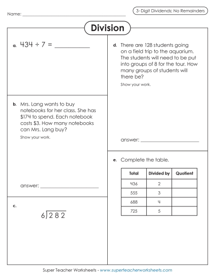 3-Digit Dividends - Variety Worksheet: 3-Digit Dividends (No Remainders) (Printable PDF Worksheet)