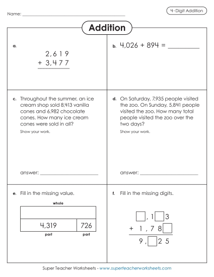 4-Digit Addition - Variety Worksheet: 4-Digit Addition (Printable PDF Worksheet)
