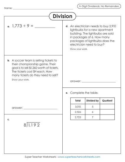 4-Digit Dividends - Variety Worksheet: 4-Digit Dividends (No Remainders) (Printable PDF Worksheet)