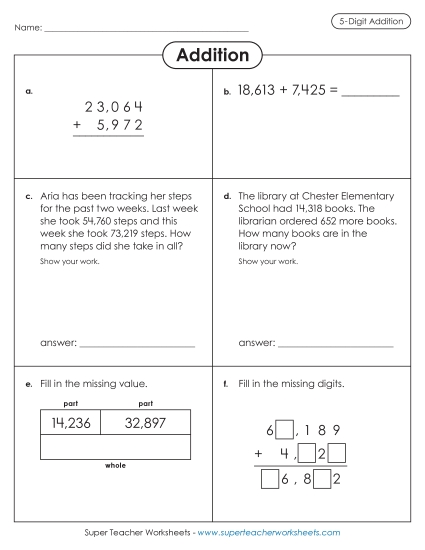 5-Digit Addition - Variety Worksheet: 5-Digit Addition (Printable PDF Worksheet)