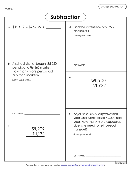 Worksheets - Variety Worksheet (5-Digit Subtraction) (Printable PDF Worksheet)