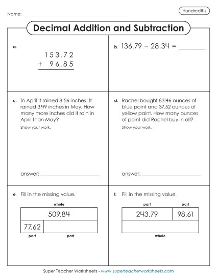 Hundredths - Variety Worksheet: Decimal Addition and Subtraction (Hundredths) (Printable PDF Worksheet)