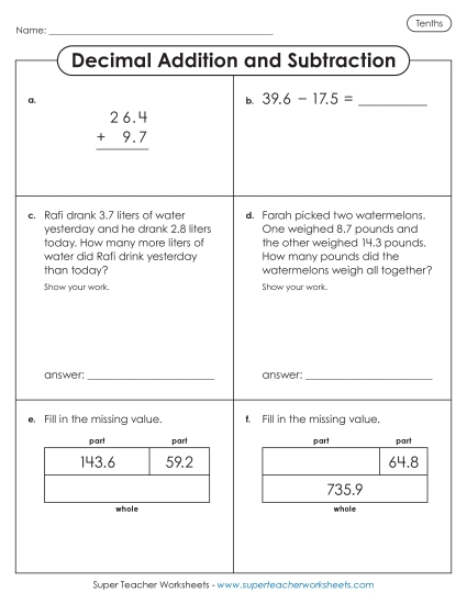 Tenths - Variety Worksheet: Decimal Addition and Subtraction (Tenths) (Printable PDF Worksheet)