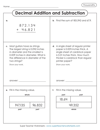 Thousandths - Variety Worksheet: Decimal Addition and Subtraction (Thousandths) (Printable PDF Worksheet)