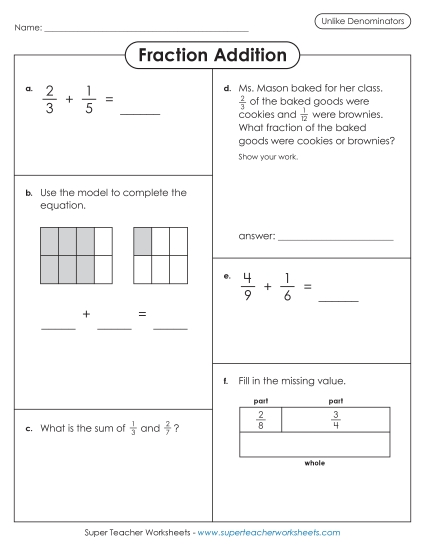 Adding Fractions: Different Denominators - Variety Worksheet: Fraction Addition (Unlike Denominators) (Printable PDF Worksheet)