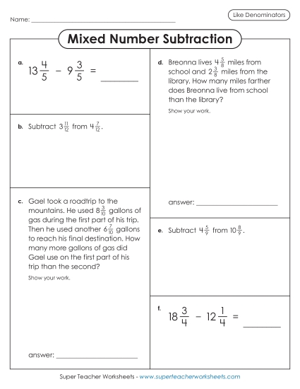 Adding and Subtracting Mixed Numbers - Variety Worksheet: Mixed Number Subtraction (Like Denominators) (Printable PDF Worksheet)