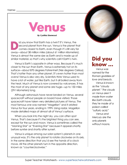 Articles with Questions - Venus Article & Questions (Printable PDF Worksheet)