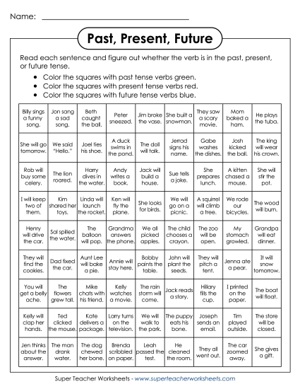 Verb Tenses - Verb Tenses - Coloring Box Activity (Printable PDF Worksheet)