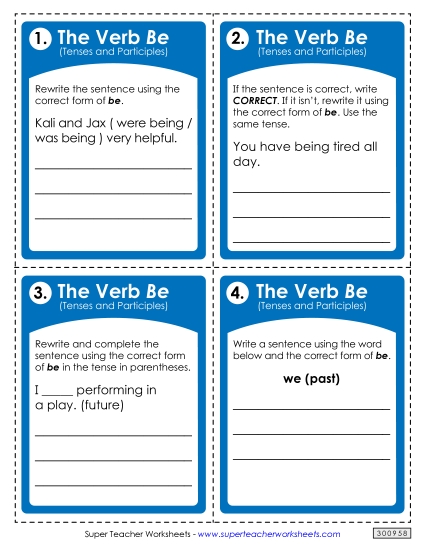 Verbs: <i>Be</i> All Tenses and Participles  (Printable PDF Worksheet)