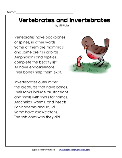 3rd Grade Poems - Vertebrates Vs. Invertebrates (Printable PDF Worksheet)
