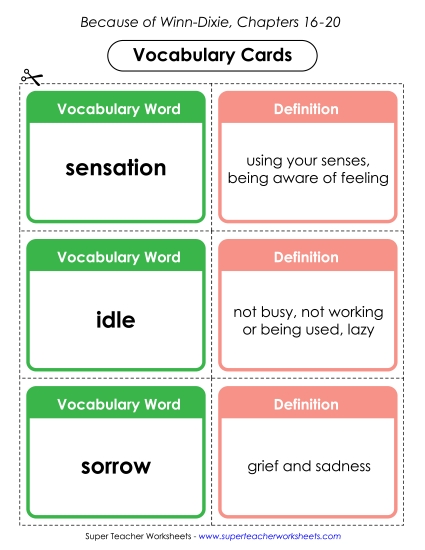 Chapters 16-20 - Vocab. Cards for Chapters 16-20 (Printable PDF Worksheet)