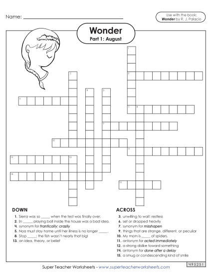 Part 1 - August - Vocabulary Crossword for Part 1  (Printable PDF Worksheet)