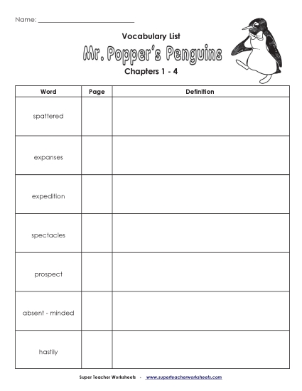 Chapters 1 - 4 - Vocabulary for Chapters 1-4 (Printable PDF Worksheet)
