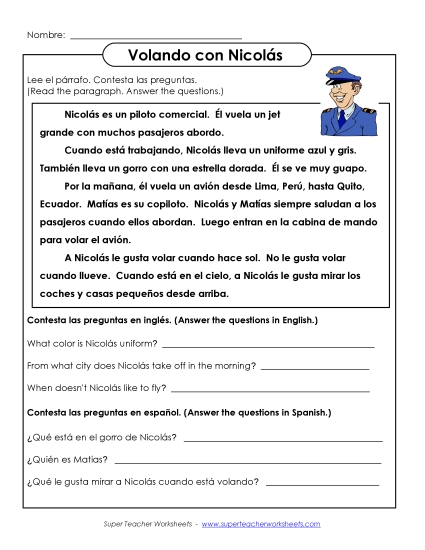 Short Passages (Level: Basic) - Volando con Nicolás (Printable PDF Worksheet)