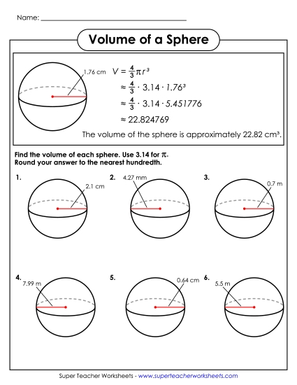 Level: Advanced - Volume of a Sphere  With Example (Advanced) (Printable PDF Worksheet)