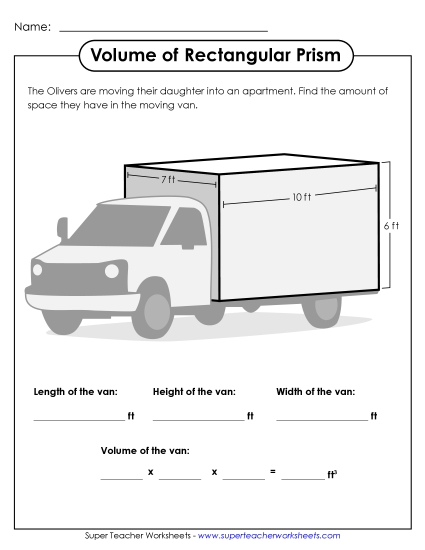 Volume of Rectangular Prisms (Basic: Whole Numbers) - Volume of a Van (Printable PDF Worksheet)