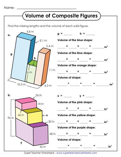 Advanced: Some Missing Lengths Decimal & 2-Digit Lengths - Volume of Composite Figures: Two Shapes (Advanced) (Printable PDF Worksheet)