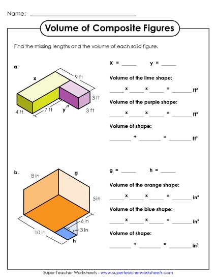 Intermediate: Some Missing Lengths Single, Whole Number Lengths - Volume of Composite Figures: Two Shapes (Intermediate) (Printable PDF Worksheet)