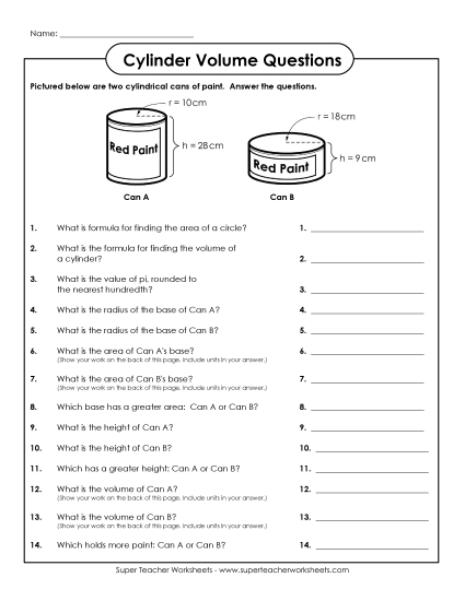 Level: Basic - Volume of Cylinder Questions (Printable PDF Worksheet)