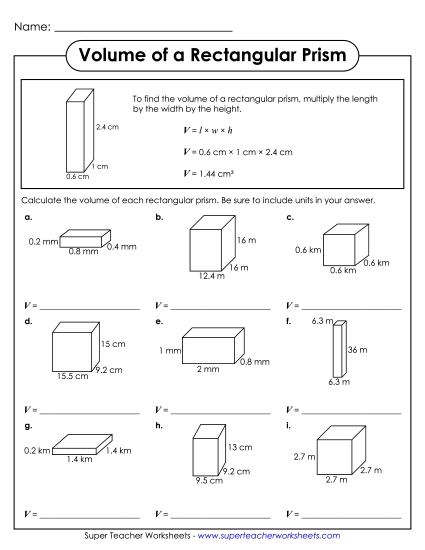 Volume of Rectangular Prisms (Advanced: Decimals) - Volume of Rectangular Prisms (with Example) - Advanced (Printable PDF Worksheet)
