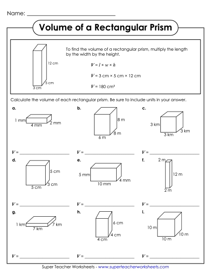 Volume of Rectangular Prisms (Basic: Whole Numbers) - Volume of Rectangular Prisms (With Example) (Printable PDF Worksheet)