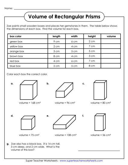 Volume of Rectangular Prisms (Basic: Whole Numbers) - Volume - Rectangular Prism Table (Printable PDF Worksheet)