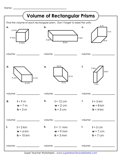 Volume of Rectangular Prisms (Basic: Whole Numbers) - Volume - Rectangular Prisms (Printable PDF Worksheet)