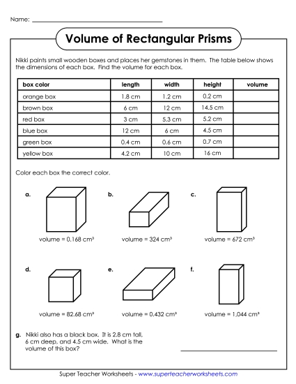 Volume of Rectangular Prisms (Advanced: Decimals) - Volume - Rectangular Prisms Table (Advanced) (Printable PDF Worksheet)
