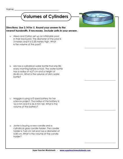 Level : Advanced - Volumes of Cylinders: Word Problems (Advanced) (Printable PDF Worksheet)