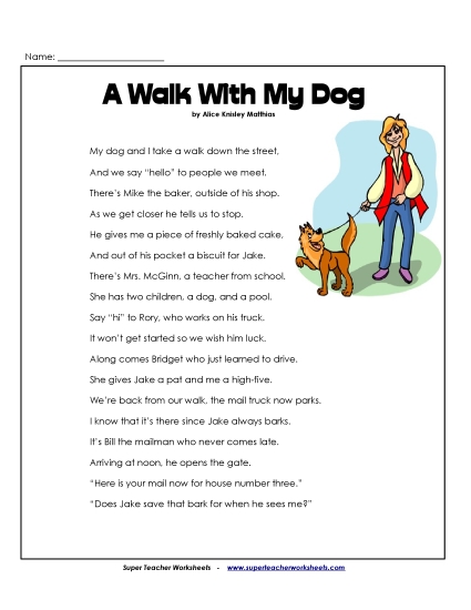3rd Grade Poems - Walk With My Dog (Printable PDF Worksheet)